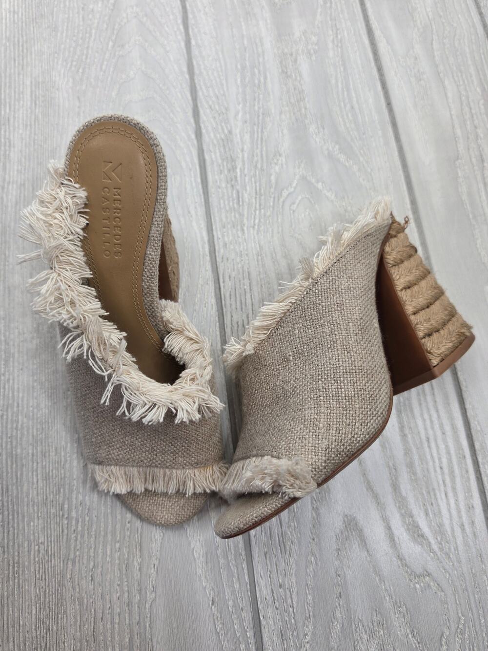 MERCEDES CASTILLO Beige Fringed Fabric Block Heel Mules